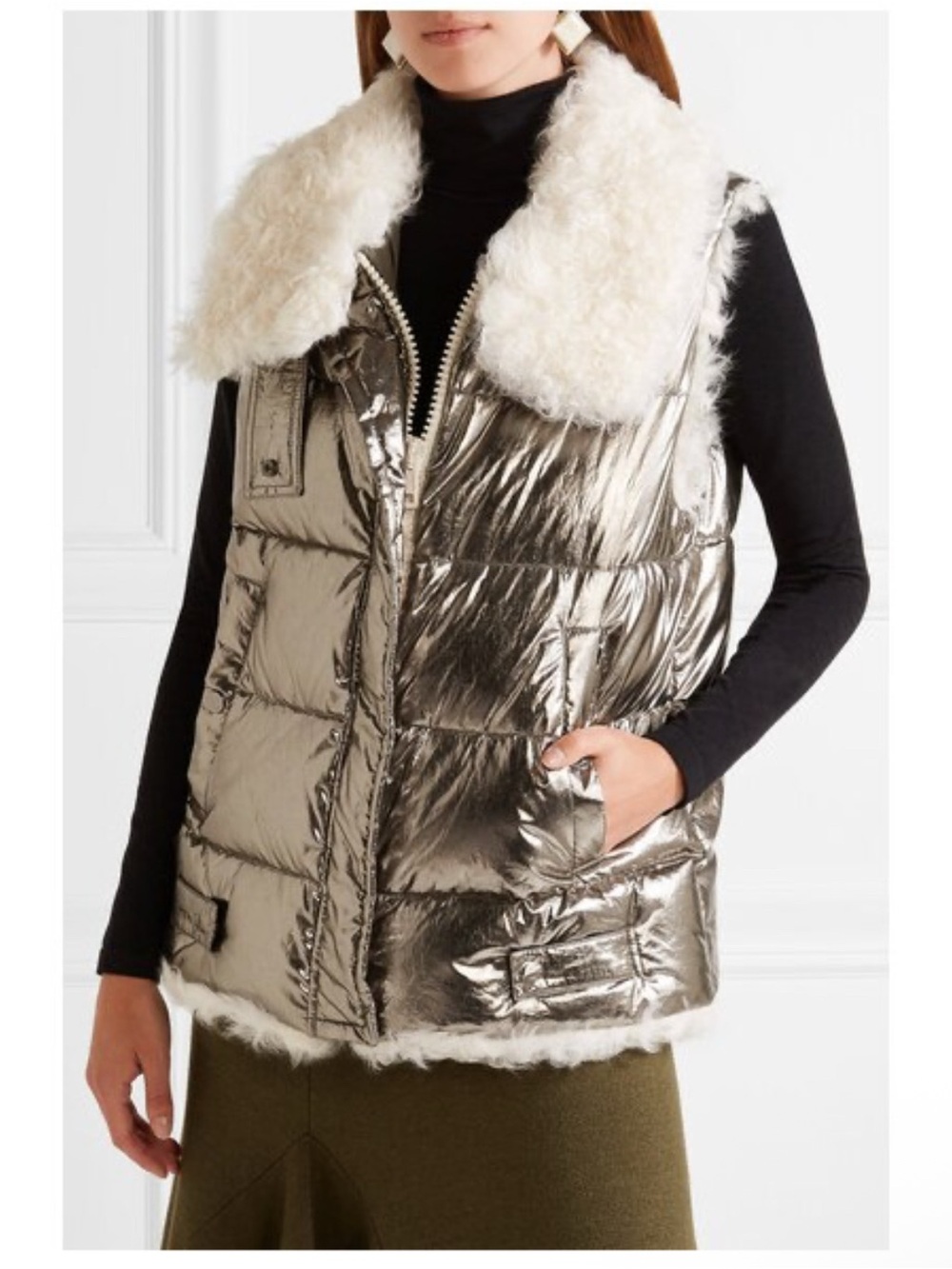 Moncler Kerria gilet Shearling silver Metallic Quilted goat fur Down Vest